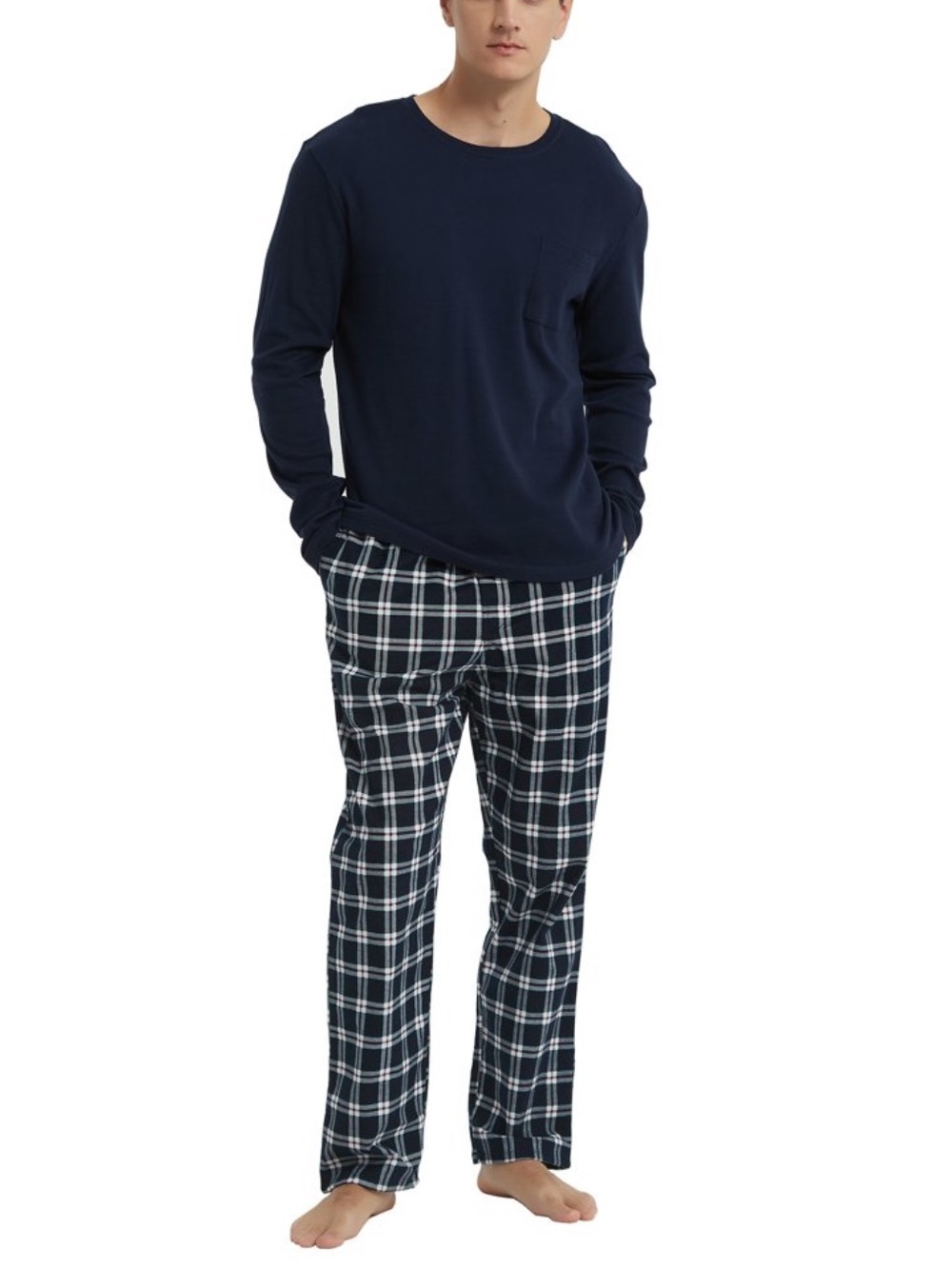 Men's Grey Long-Sleeve Top & Black Plaid Pajama Pants Set